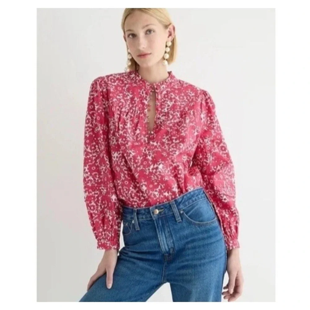 J. Crew Pink Floral Long Sleeve Popover Blouse Top Size Medium Coastal Peasant